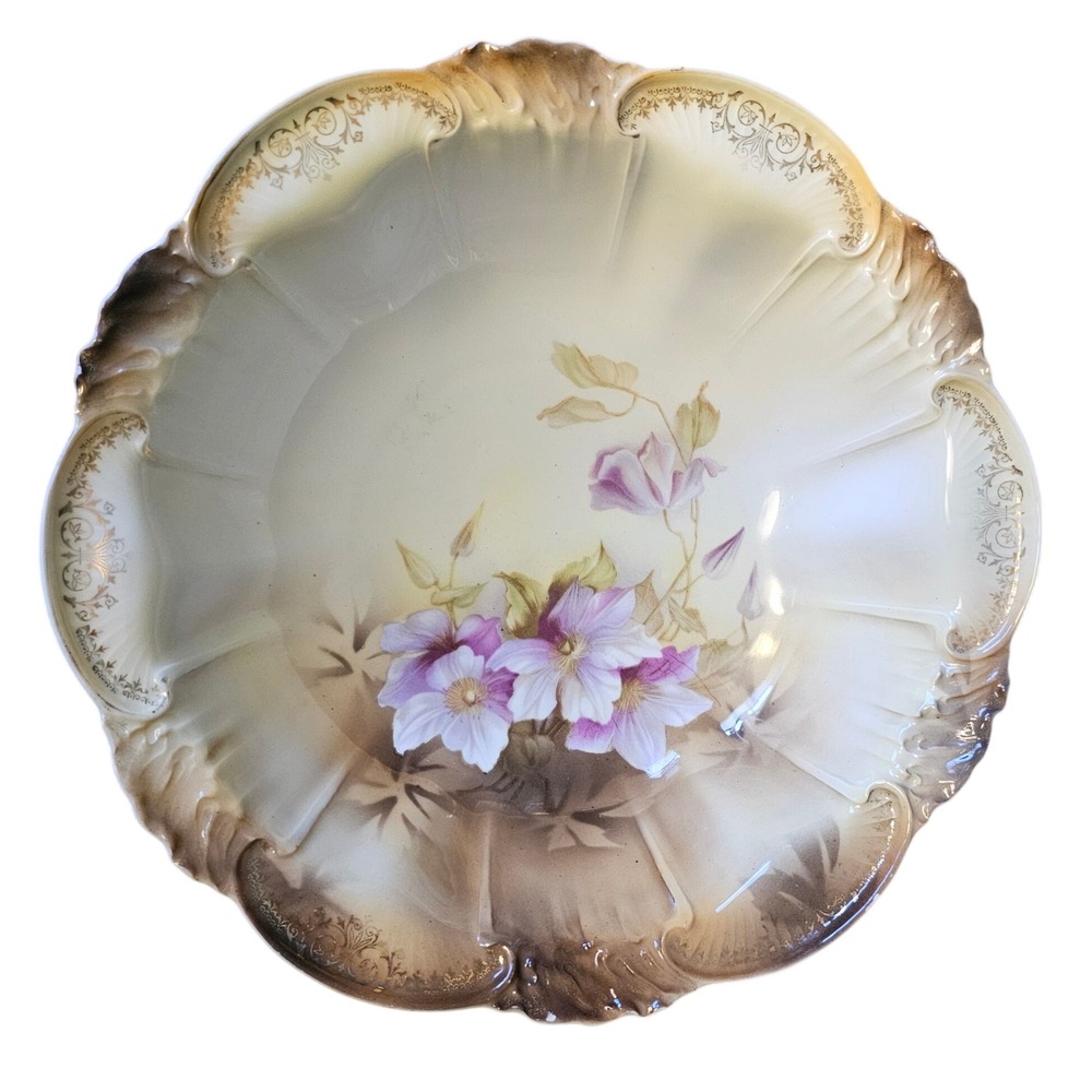 Antique RS Prussia Porcelain Floral Master Berry Bowl Clematis Gold Gilt 10.5in